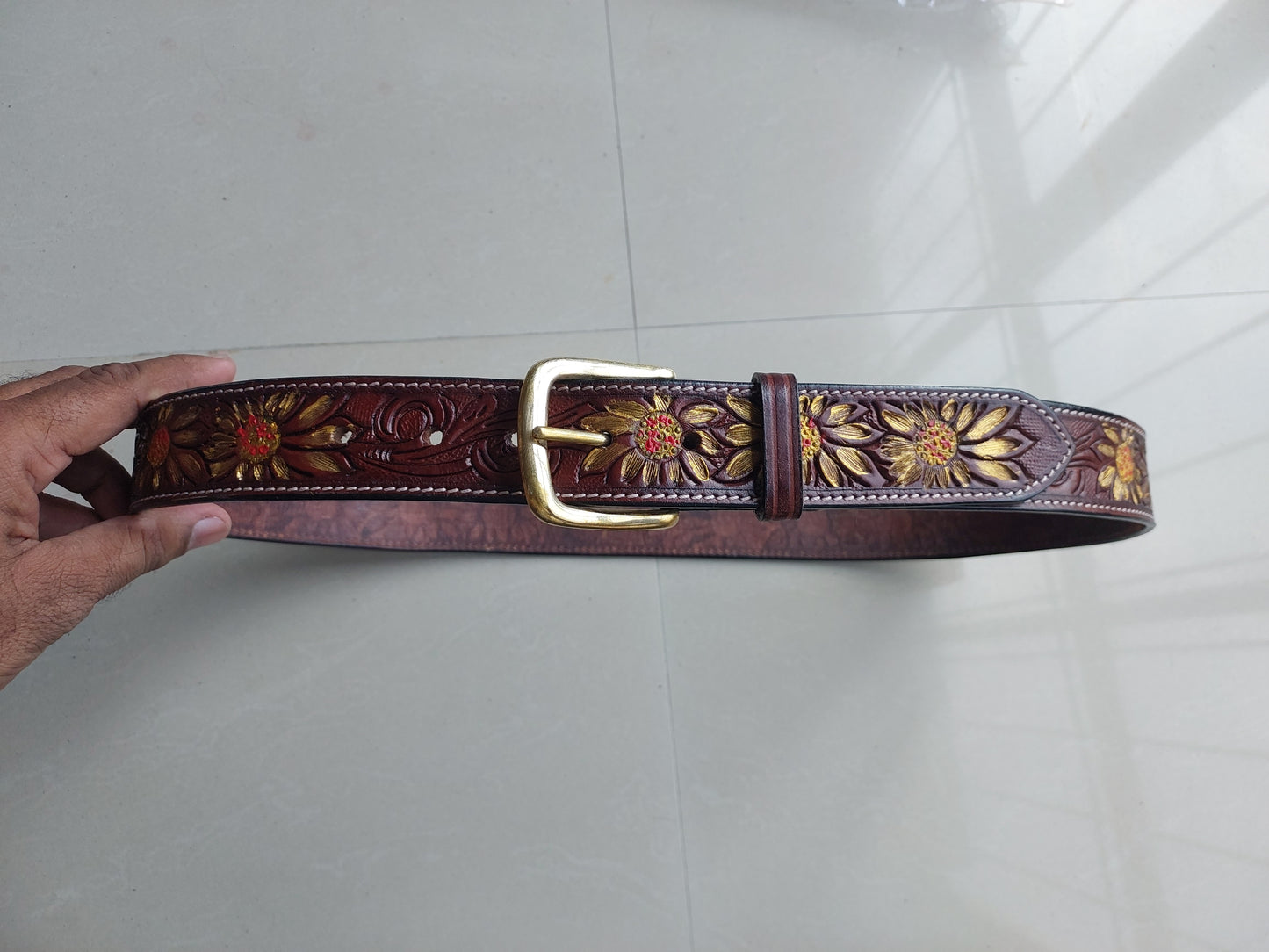 Western Cowboy Belt for Men – Handmade Carved Leather with Brass Buckle
