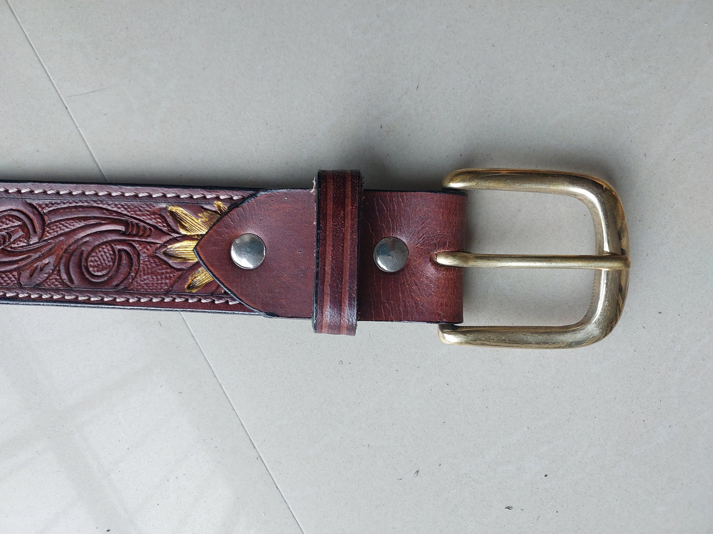 Western Cowboy Belt for Men – Handmade Carved Leather with Brass Buckle