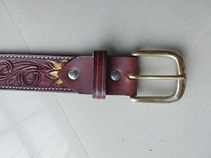 Western Cowboy Belt for Men – Handmade Carved Leather with Brass Buckle