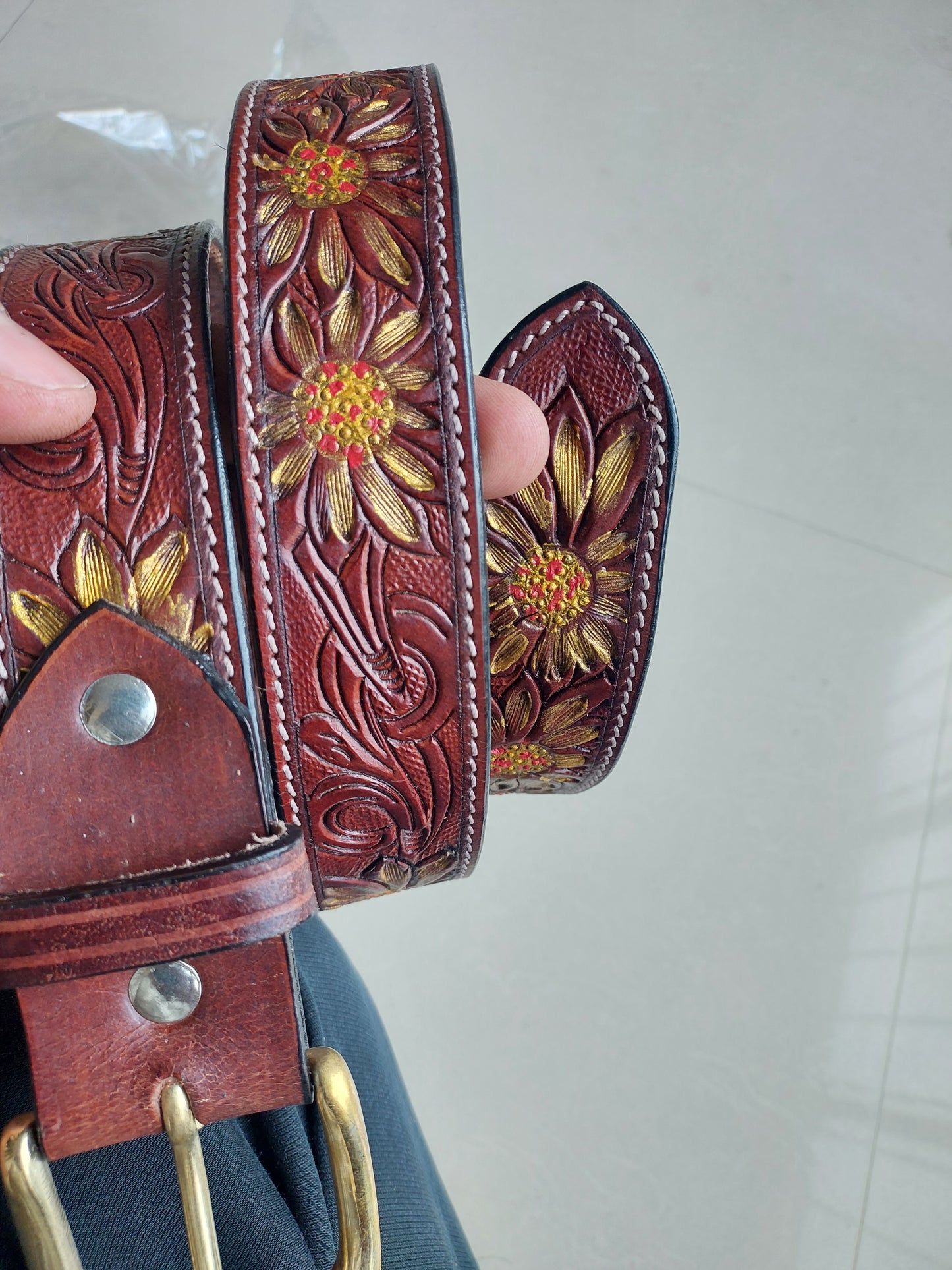 Western Cowboy Belt for Men – Handmade Carved Leather with Brass Buckle