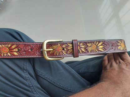 Western Cowboy Belt for Men – Handmade Carved Leather with Brass Buckle