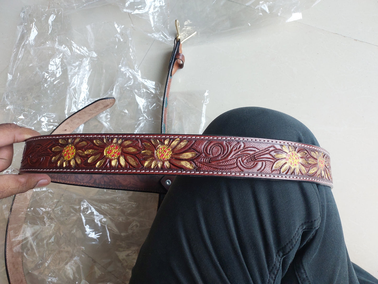 Western Cowboy Belt for Men – Handmade Carved Leather with Brass Buckle