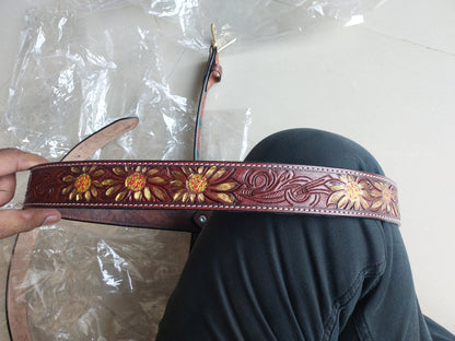 Western Cowboy Belt for Men – Handmade Carved Leather with Brass Buckle