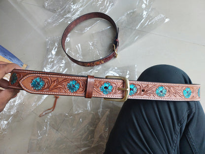 Western Cowboy Belt for Men – Handmade Carved Leather with Brass Buckle