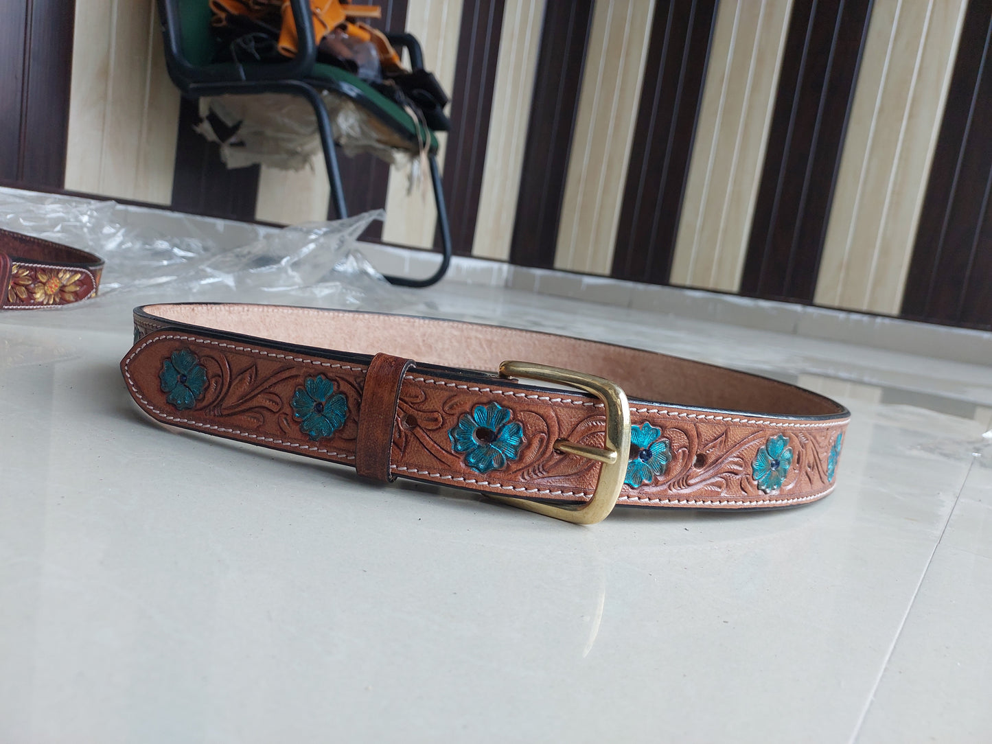Western Cowboy Belt for Men – Handmade Carved Leather with Brass Buckle