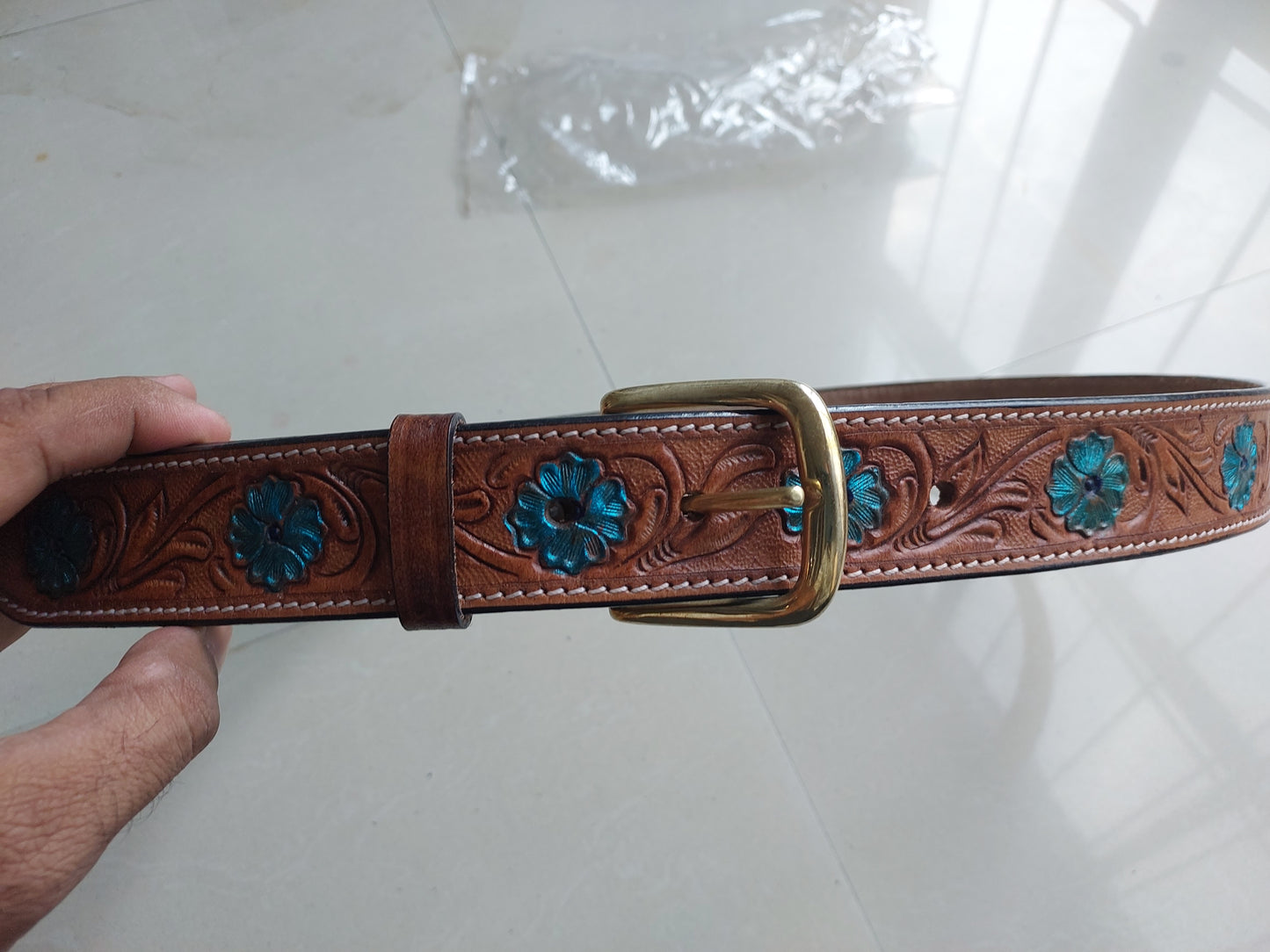 Western Cowboy Belt for Men – Handmade Carved Leather with Brass Buckle