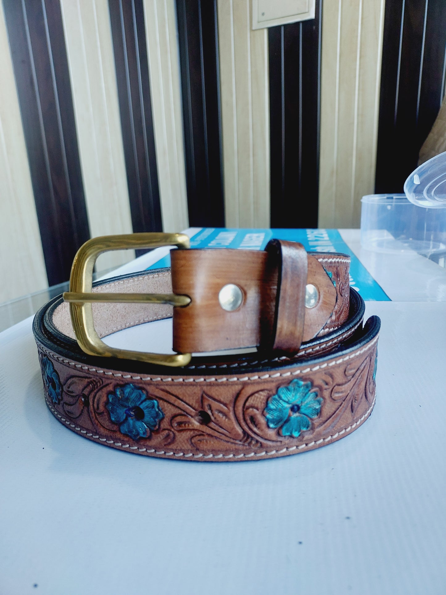Western Cowboy Belt for Men – Handmade Carved Leather with Brass Buckle