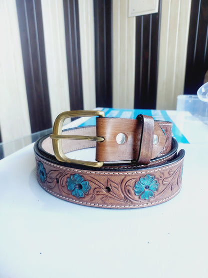 Western Cowboy Belt for Men – Handmade Carved Leather with Brass Buckle