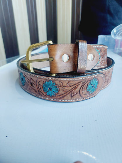 Western Cowboy Belt for Men – Handmade Carved Leather with Brass Buckle