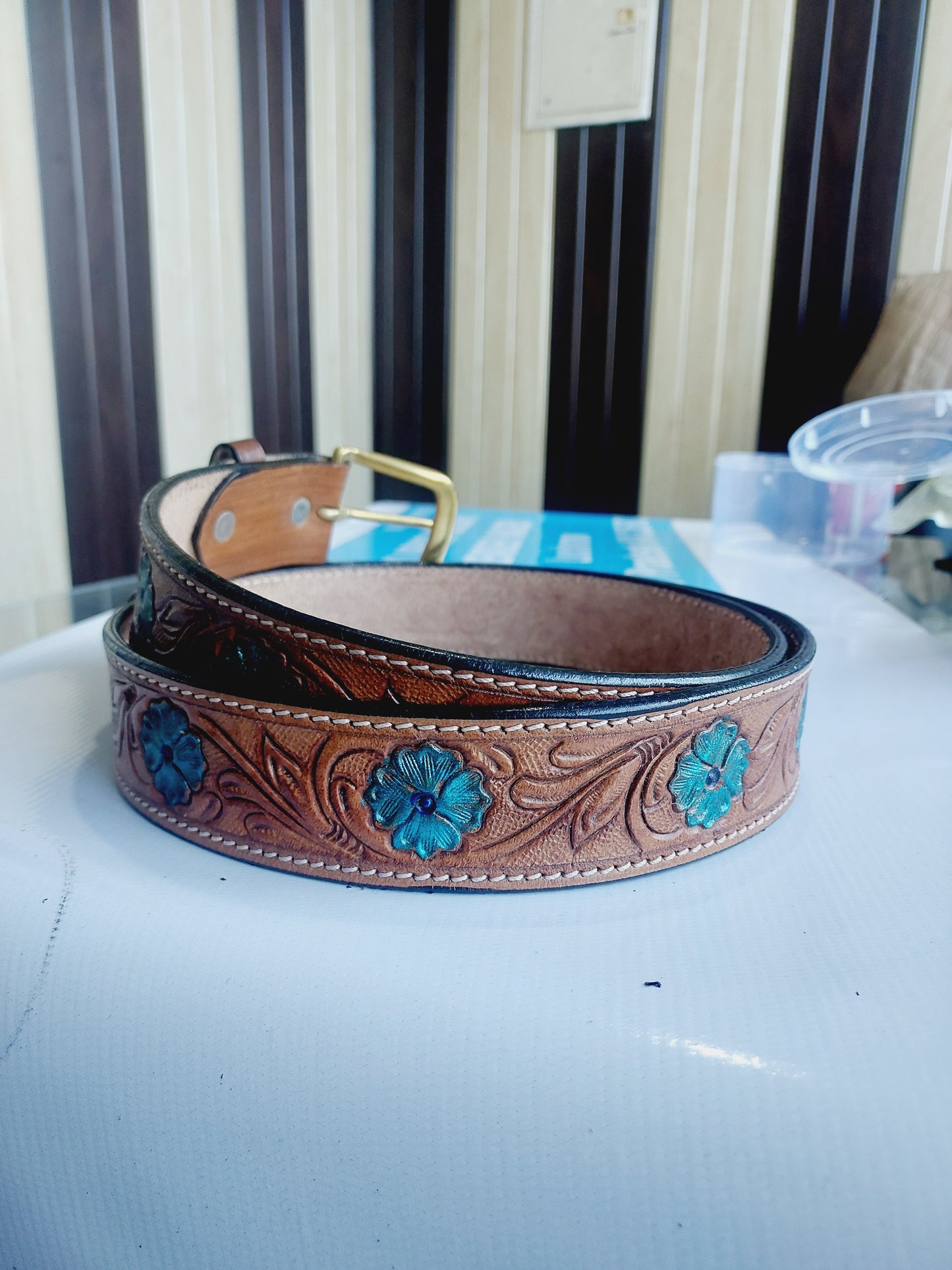 Western Cowboy Belt for Men – Handmade Carved Leather with Brass Buckle