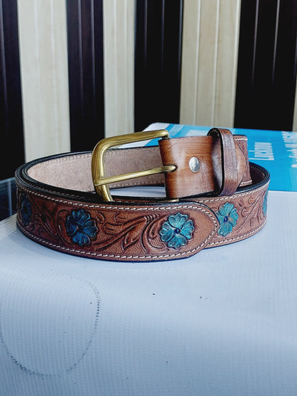 Western Cowboy Belt for Men – Handmade Carved Leather with Brass Buckle