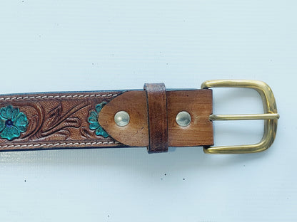 Western Cowboy Belt for Men – Handmade Carved Leather with Brass Buckle