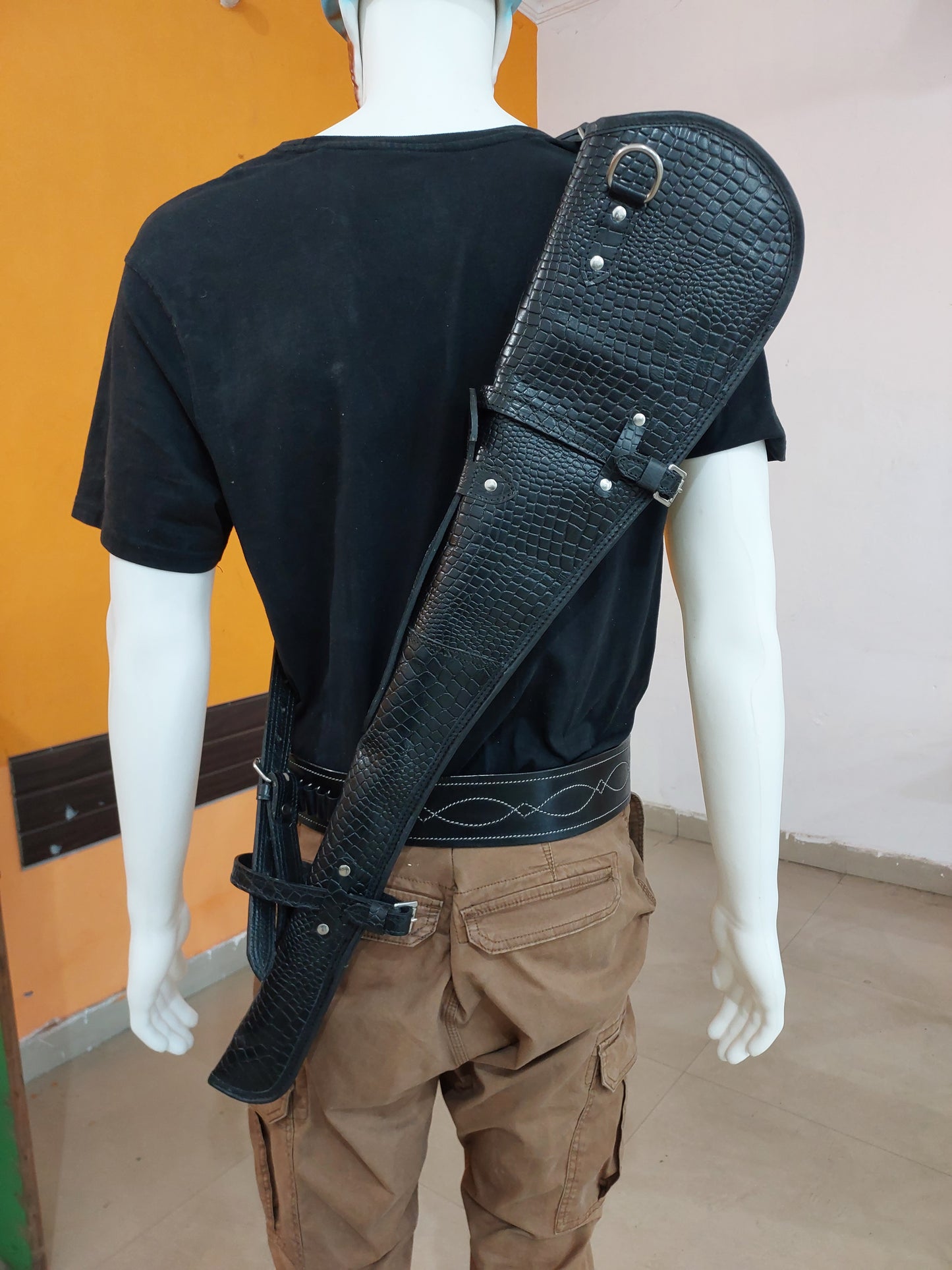 Western Rifle Scabbard – Croco Style Full Grain Leather – 33" Long Handcrafted Gun Case with Adjustable Strap – Cowboy Style