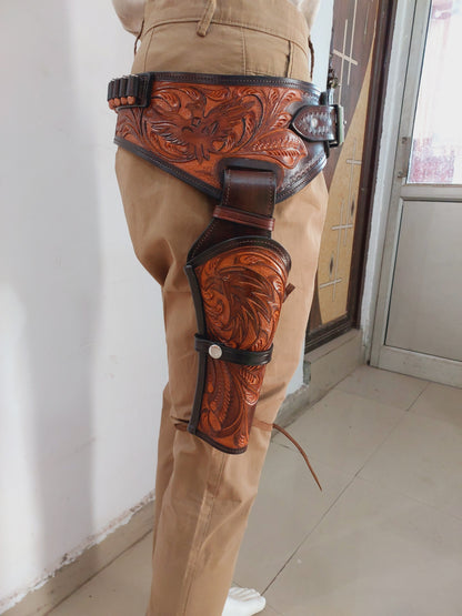 Western Gun Holster with Belt – Handmade Leather Holster for Revolvers – Fits 4" to 6.5" Barrel – Cowboy Fast Draw Style – Right Hand Draw- Brown