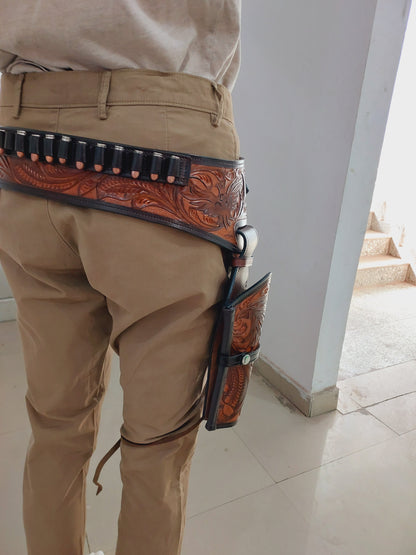 Western Gun Holster with Belt – Handmade Leather Holster for Revolvers – Fits 4" to 6.5" Barrel – Cowboy Fast Draw Style – Right Hand Draw- Brown