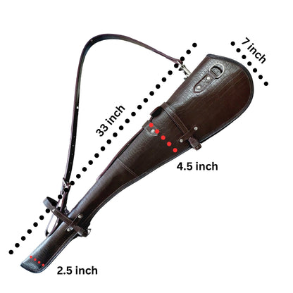 33 inch croc embossed leather rifle scabbard with adjustable strap

Rifle case mounted on wooden wall – western leather design

Inside view of fleece-lined gun scabbard

Full-length view of rifle scabbard with stainless hardware

Leather scabbard displayed on floor – cowboy style

Zoom-in of croc leather pattern with hook and buckle

Hand-holding leather rifle scabbard – easy grip

Informative banner for croc leather scabbard – genuine leather, stainless hardware

Rifle inside scabbard – ammo loop visible
