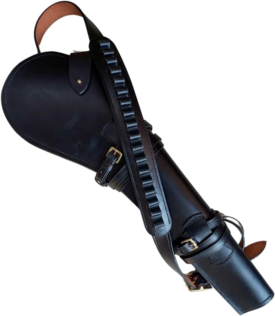 Western Rifle Scabbard – 22” Long – Hand Curved Full Grain Leather – Adjustable Shoulder Strap – Black Finish – Fits Mare’s Leg & Short Barrel Rifles