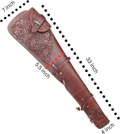 Western Leather Rifle Scabbard – 33” Long – Hand Tooled Full Grain Leather – Adjustable Saddle Straps – Fits Henry, Marlin, Winchester Lever Action Rifles
