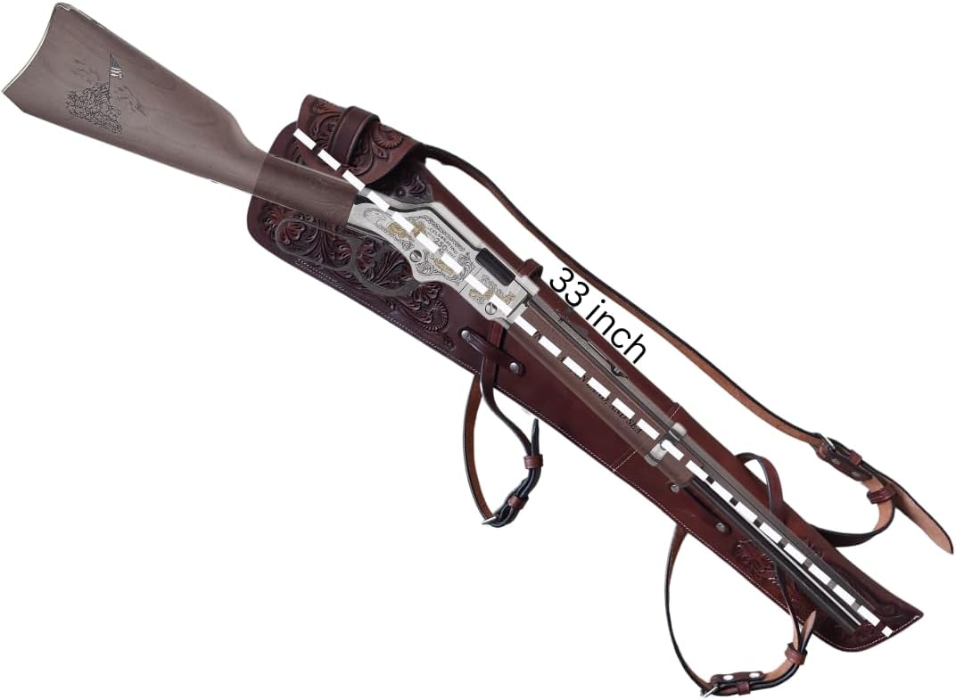 Hand-tooled leather rifle scabbard 33 inch long

Western leather gun cover with adjustable straps

Full grain leather rifle case for lever action rifles

Cowboy-style rifle scabbard for Marlin and Henry

Floral carved rifle cover with buckle flap

Handmade brown leather gun case for saddle mount