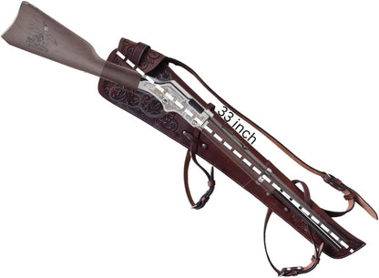 Hand-tooled leather rifle scabbard 33 inch long

Western leather gun cover with adjustable straps

Full grain leather rifle case for lever action rifles

Cowboy-style rifle scabbard for Marlin and Henry

Floral carved rifle cover with buckle flap

Handmade brown leather gun case for saddle mount