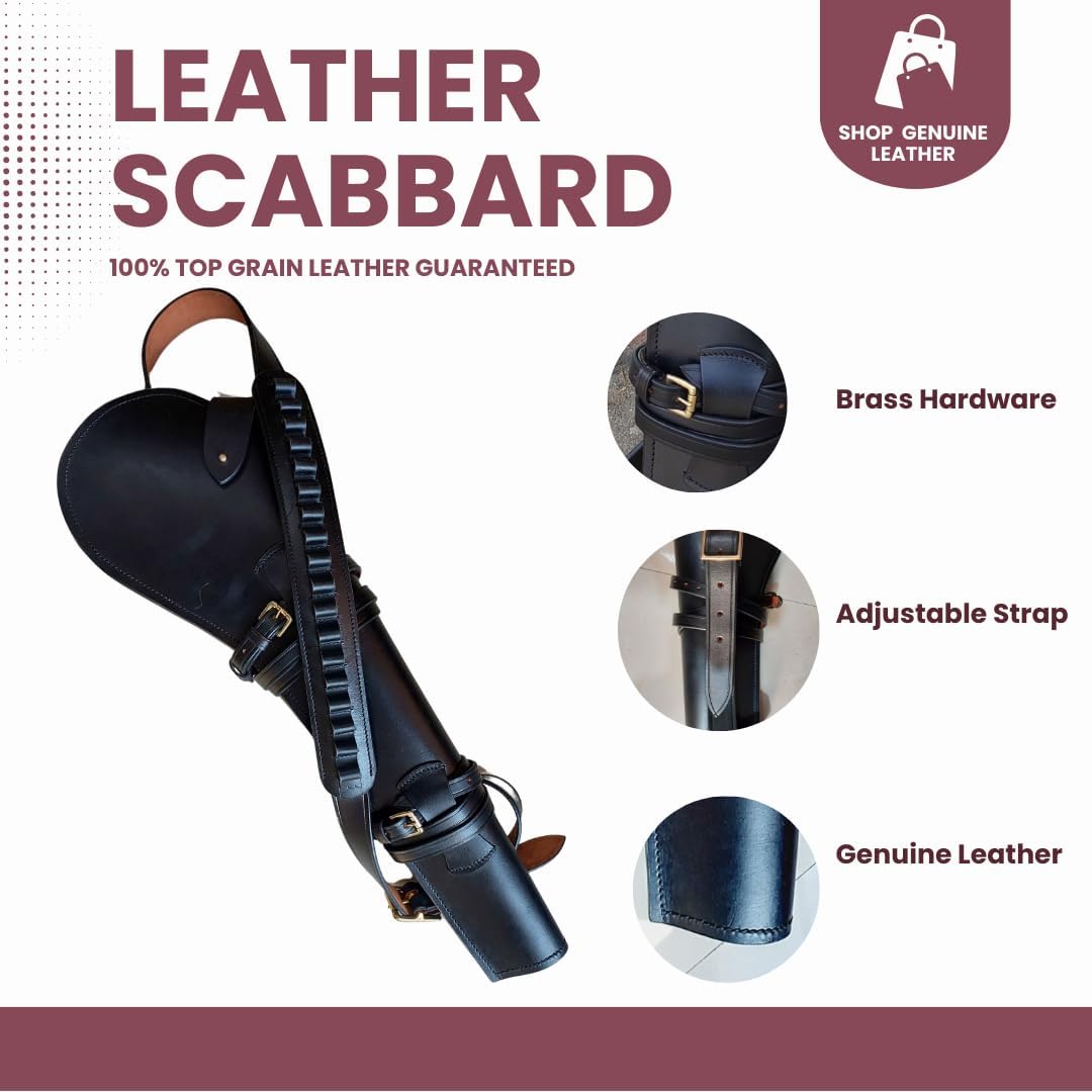 Western Rifle Scabbard – 22” Long – Hand Curved Full Grain Leather – Adjustable Shoulder Strap – Black Finish – Fits Mare’s Leg & Short Barrel Rifles