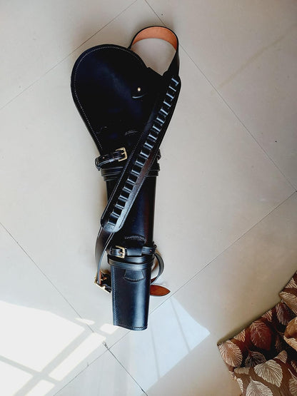 Western Rifle Scabbard – 22” Long – Hand Curved Full Grain Leather – Adjustable Shoulder Strap – Black Finish – Fits Mare’s Leg & Short Barrel Rifles