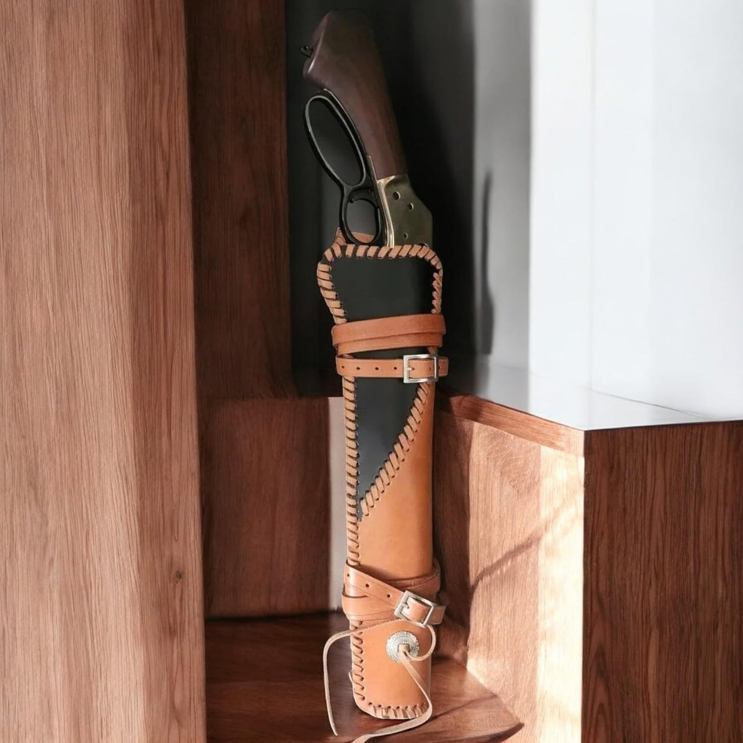 Mares Leg Leather Holster – 18" Handmade Western Gun Holster – Two-Tone Full Grain Leather – Fits Lever Action Pistols – Cowboy Style Saddle Scabbard