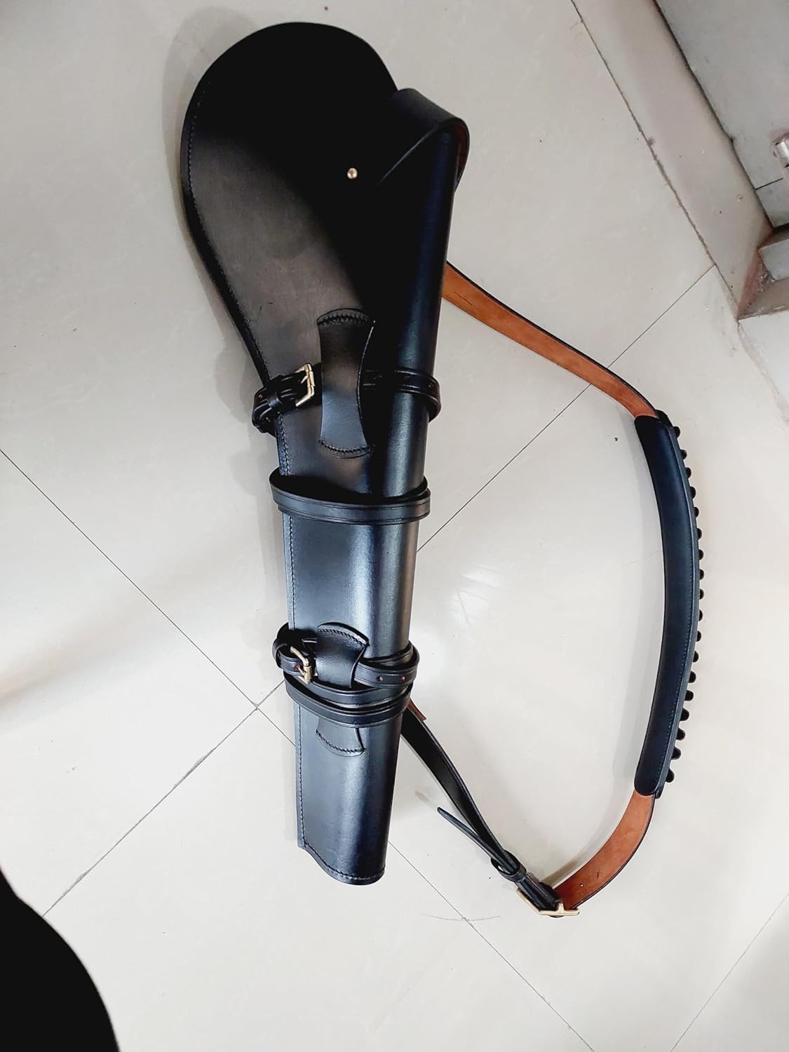 Western Rifle Scabbard – 22” Long – Hand Curved Full Grain Leather – Adjustable Shoulder Strap – Black Finish – Fits Mare’s Leg & Short Barrel Rifles