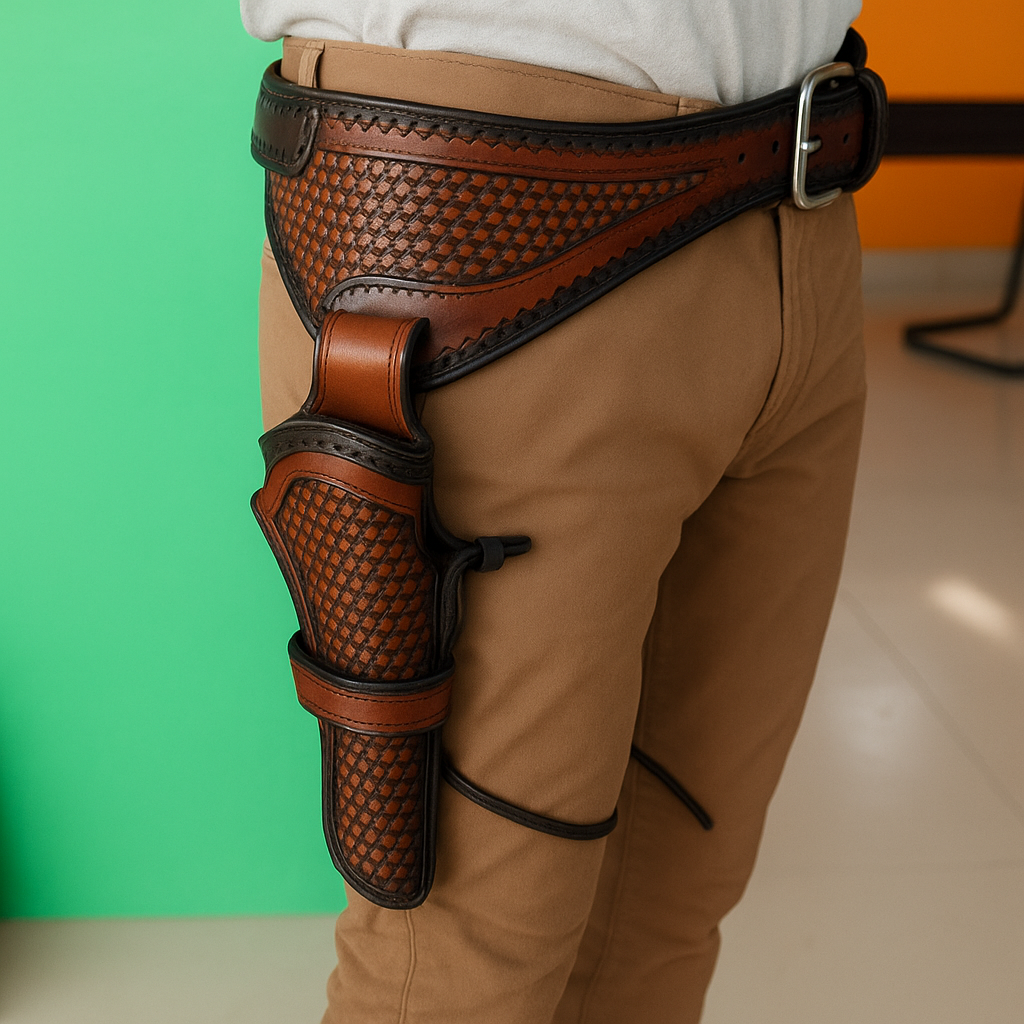 Cowboy wearing leather Western rig with revolver holster and belt – authentic Old West style for reenactment or costume