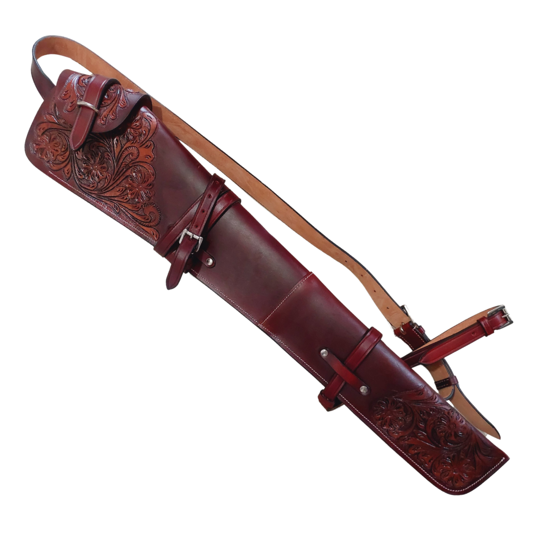 Hand-tooled leather rifle scabbard 33 inch long

Western leather gun cover with adjustable straps

Full grain leather rifle case for lever action rifles

Cowboy-style rifle scabbard for Marlin and Henry

Floral carved rifle cover with buckle flap

Handmade brown leather gun case for saddle mount
