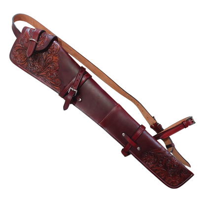 Hand-tooled leather rifle scabbard 33 inch long

Western leather gun cover with adjustable straps

Full grain leather rifle case for lever action rifles

Cowboy-style rifle scabbard for Marlin and Henry

Floral carved rifle cover with buckle flap

Handmade brown leather gun case for saddle mount

