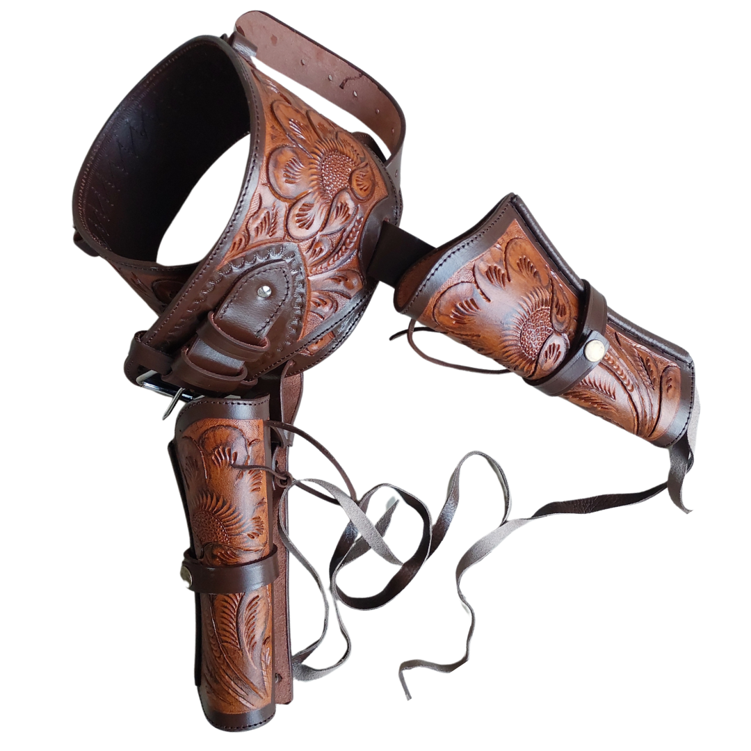 western dual holster gun belt

cowboy leather gun belt

dual holster revolver belt

two tone leather gun belt

handmade western holster

full grain leather gun belt

right hand draw holster set

.22 caliber revolver holster

.38/.357 magnum leather holster

.44/.45 colt holster rig

cowboy fast draw holster

old west style gun belt

double revolver holster belt

4 to 6.5 inch barrel holster

cowboy action shooting gear

