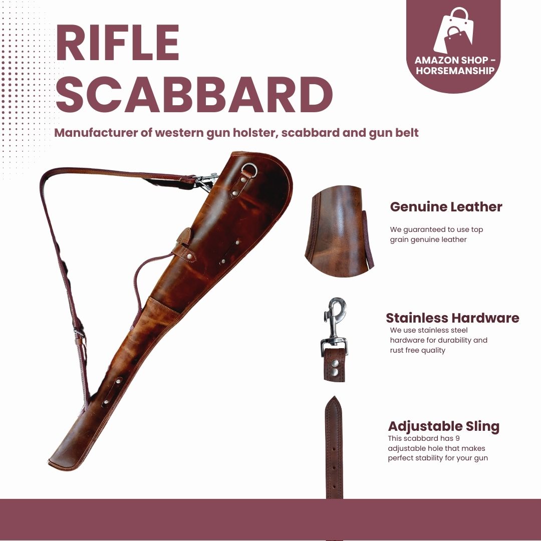 Hand-stitched Full Grain Leather Rifle Scabbard – Western Style with Durable Detailing and Reinforced Stitch