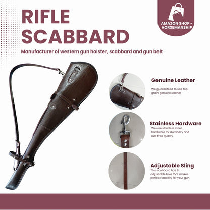 33 inch croc embossed leather rifle scabbard with adjustable strap

Rifle case mounted on wooden wall – western leather design

Inside view of fleece-lined gun scabbard

Full-length view of rifle scabbard with stainless hardware

Leather scabbard displayed on floor – cowboy style

Zoom-in of croc leather pattern with hook and buckle

Hand-holding leather rifle scabbard – easy grip

Informative banner for croc leather scabbard – genuine leather, stainless hardware

Rifle inside scabbard – ammo loop visible