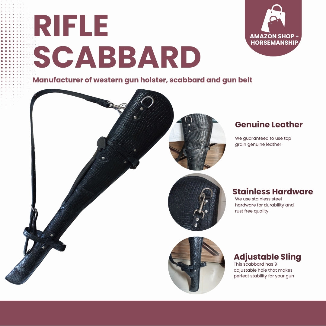 Western Rifle Scabbard – Croco Style Full Grain Leather – 33" Long Handcrafted Gun Case with Adjustable Strap – Cowboy Style