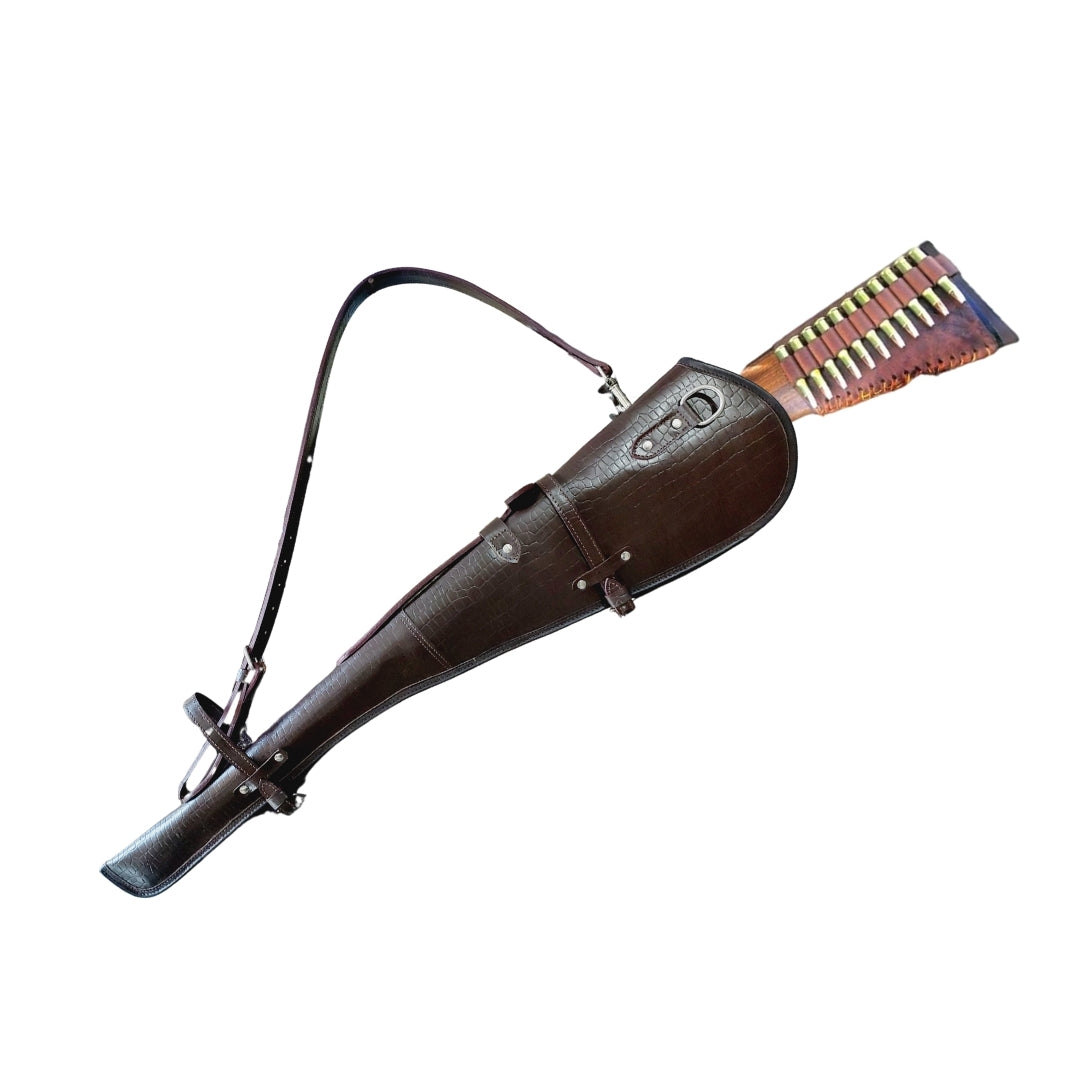 33 inch croc embossed leather rifle scabbard with adjustable strap

Rifle case mounted on wooden wall – western leather design

Inside view of fleece-lined gun scabbard

Full-length view of rifle scabbard with stainless hardware

Leather scabbard displayed on floor – cowboy style

Zoom-in of croc leather pattern with hook and buckle

Hand-holding leather rifle scabbard – easy grip

Informative banner for croc leather scabbard – genuine leather, stainless hardware

Rifle inside scabbard – ammo loop visible