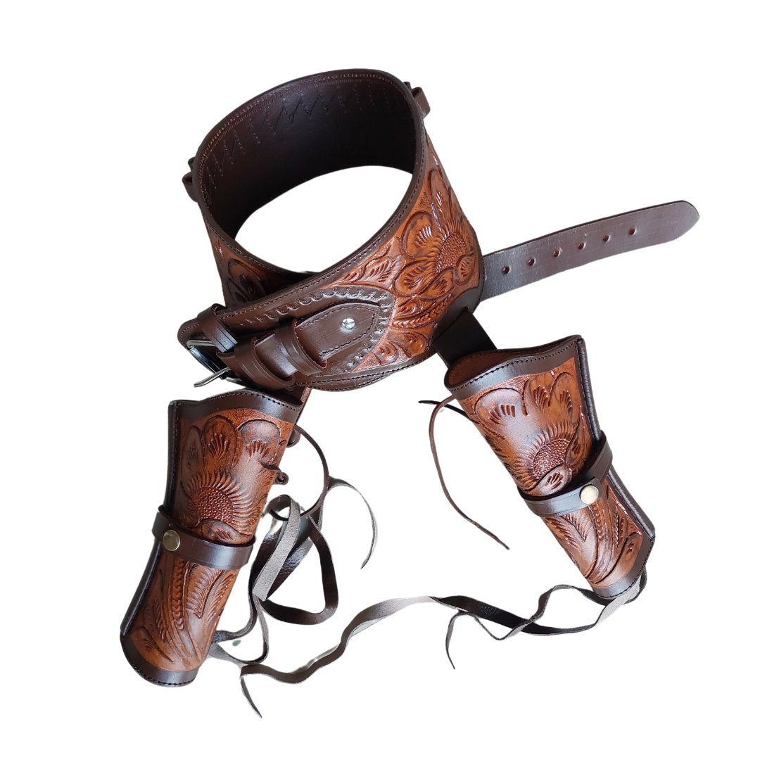 Western dual holster gun belt in full grain leather, dual color finish – fits 4 to 6.5 inch barrel revolvers