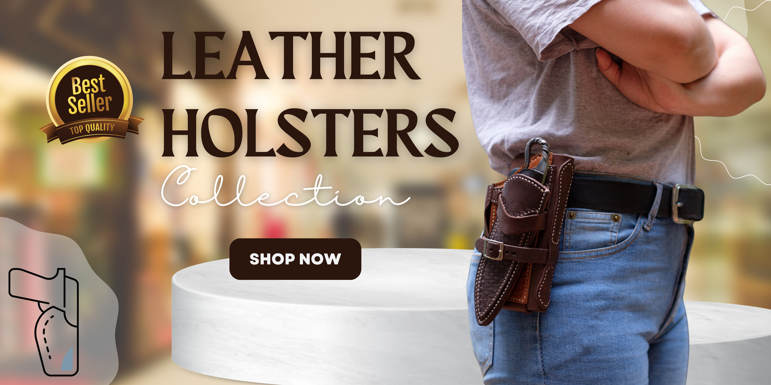 Handmade Western leather gun holster with tooled detailing, displayed with a matching belt, designed for 4” to 6.5” revolvers like the Heritage Rough Rider and Colt SAA