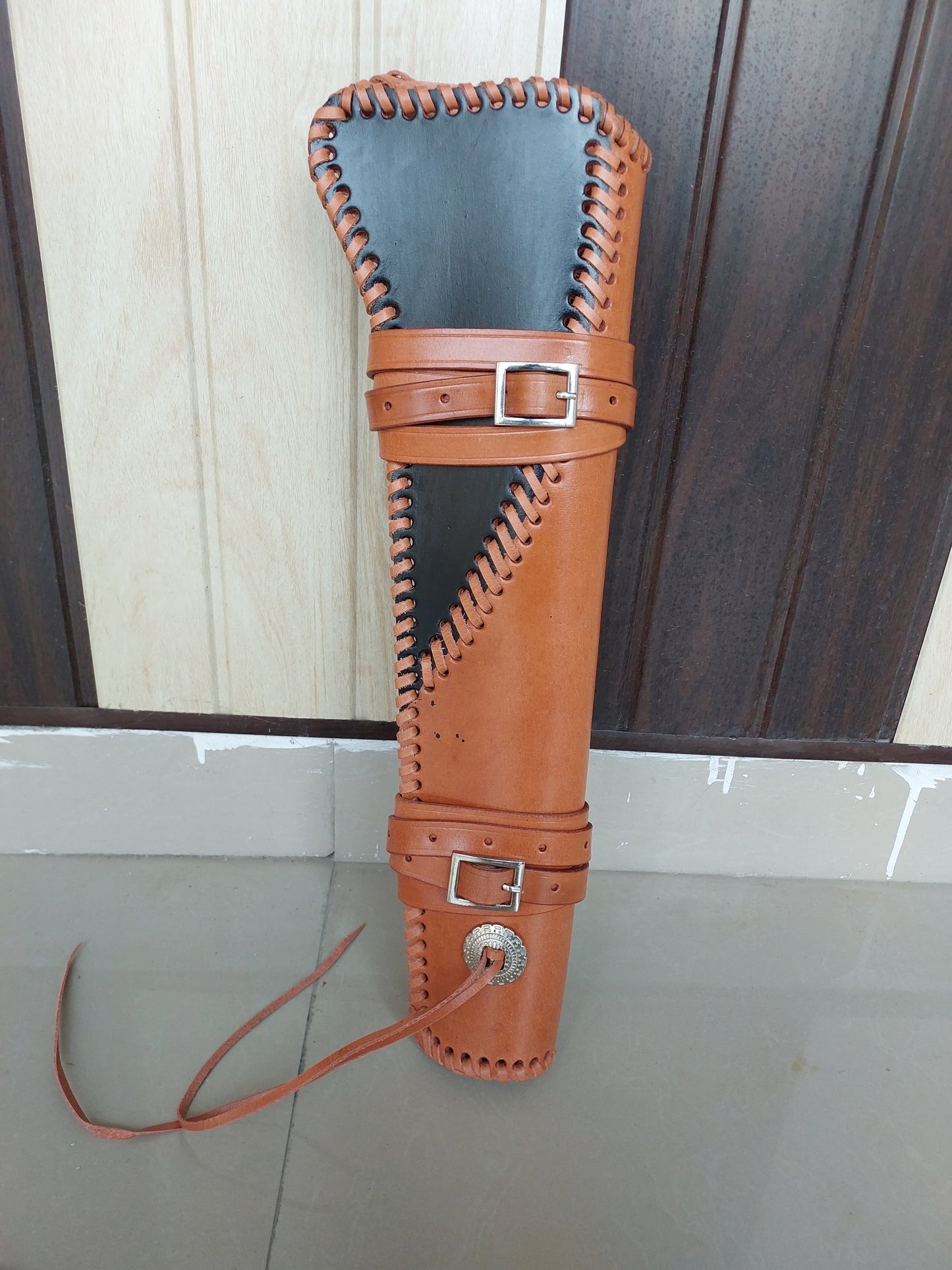 Mares Leg Leather Holster – 18" Handmade Western Gun Holster – Two-Tone Full Grain Leather – Fits Lever Action Pistols – Cowboy Style Saddle Scabbard