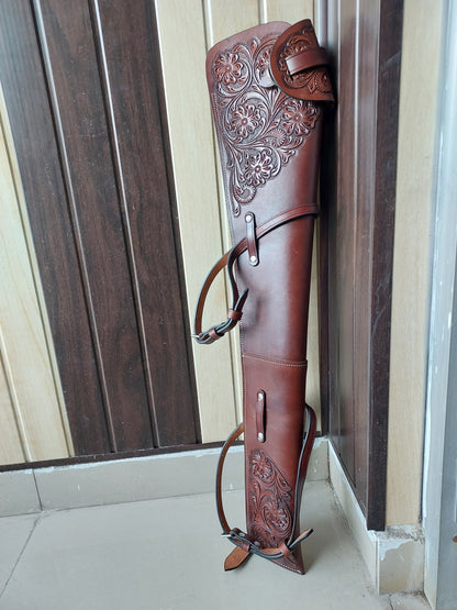 Western Leather Rifle Scabbard – 33” Long – Hand Tooled Full Grain Leather – Adjustable Saddle Straps – Fits Henry, Marlin, Winchester Lever Action Rifles