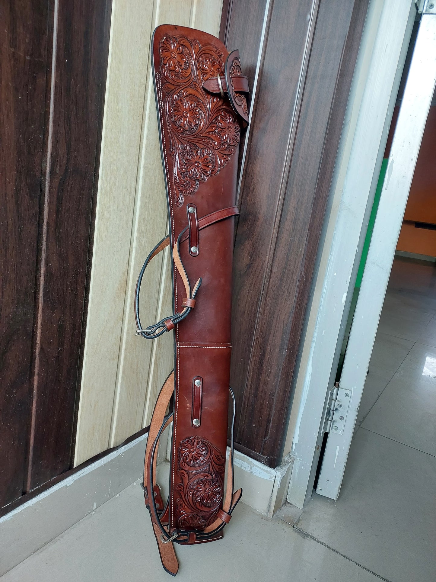 Western Leather Rifle Scabbard – 33” Long – Hand Tooled Full Grain Leather – Adjustable Saddle Straps – Fits Henry, Marlin, Winchester Lever Action Rifles
