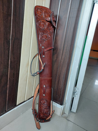 Western Leather Rifle Scabbard – 33” Long – Hand Tooled Full Grain Leather – Adjustable Saddle Straps – Fits Henry, Marlin, Winchester Lever Action Rifles