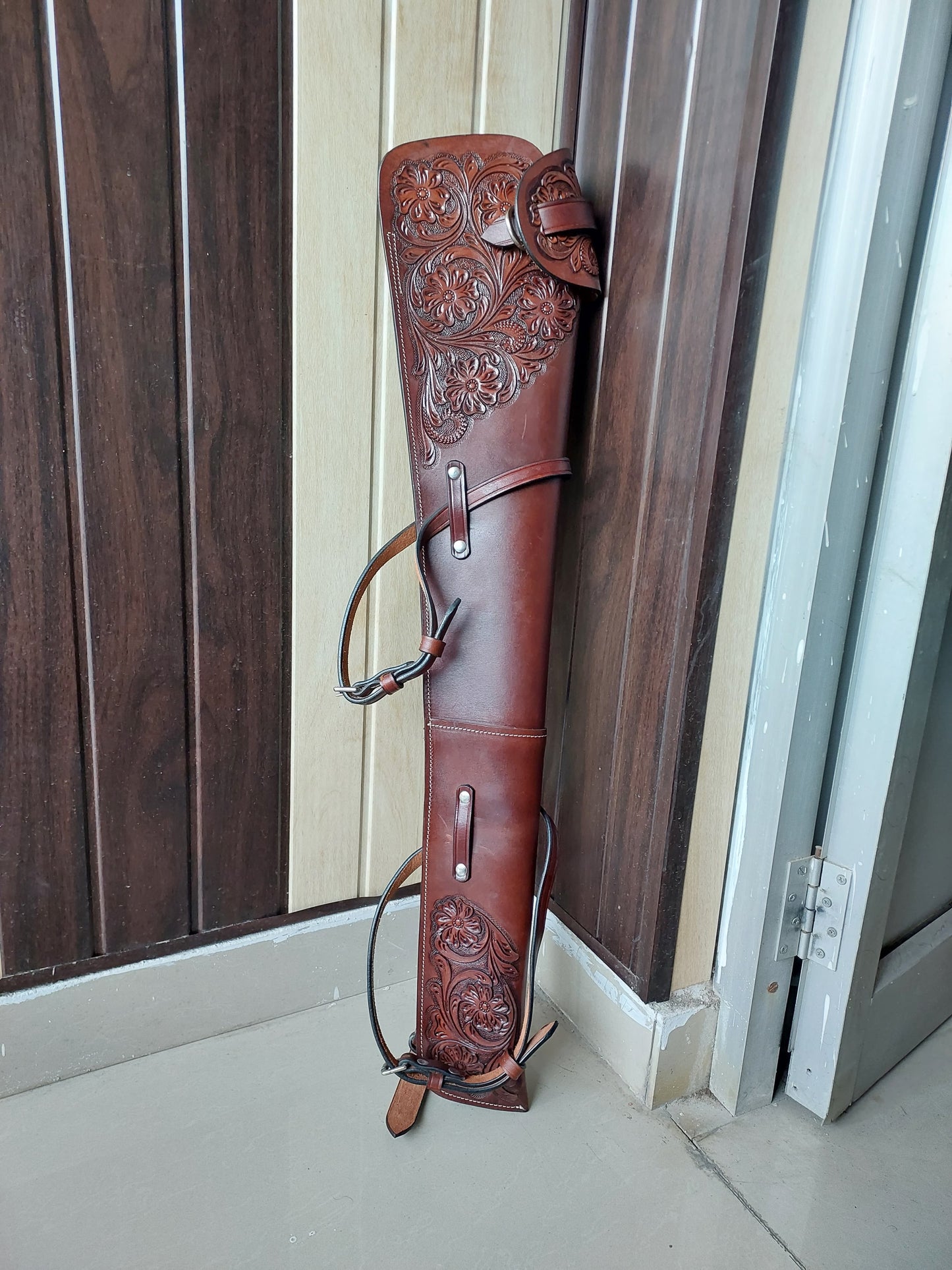 Western Leather Rifle Scabbard – 33” Long – Hand Tooled Full Grain Leather – Adjustable Saddle Straps – Fits Henry, Marlin, Winchester Lever Action Rifles