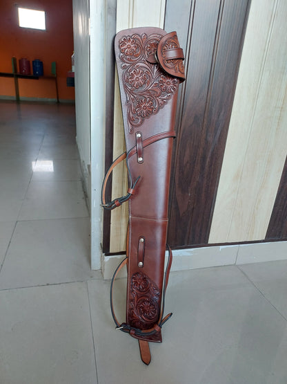 Western Leather Rifle Scabbard – 33” Long – Hand Tooled Full Grain Leather – Adjustable Saddle Straps – Fits Henry, Marlin, Winchester Lever Action Rifles