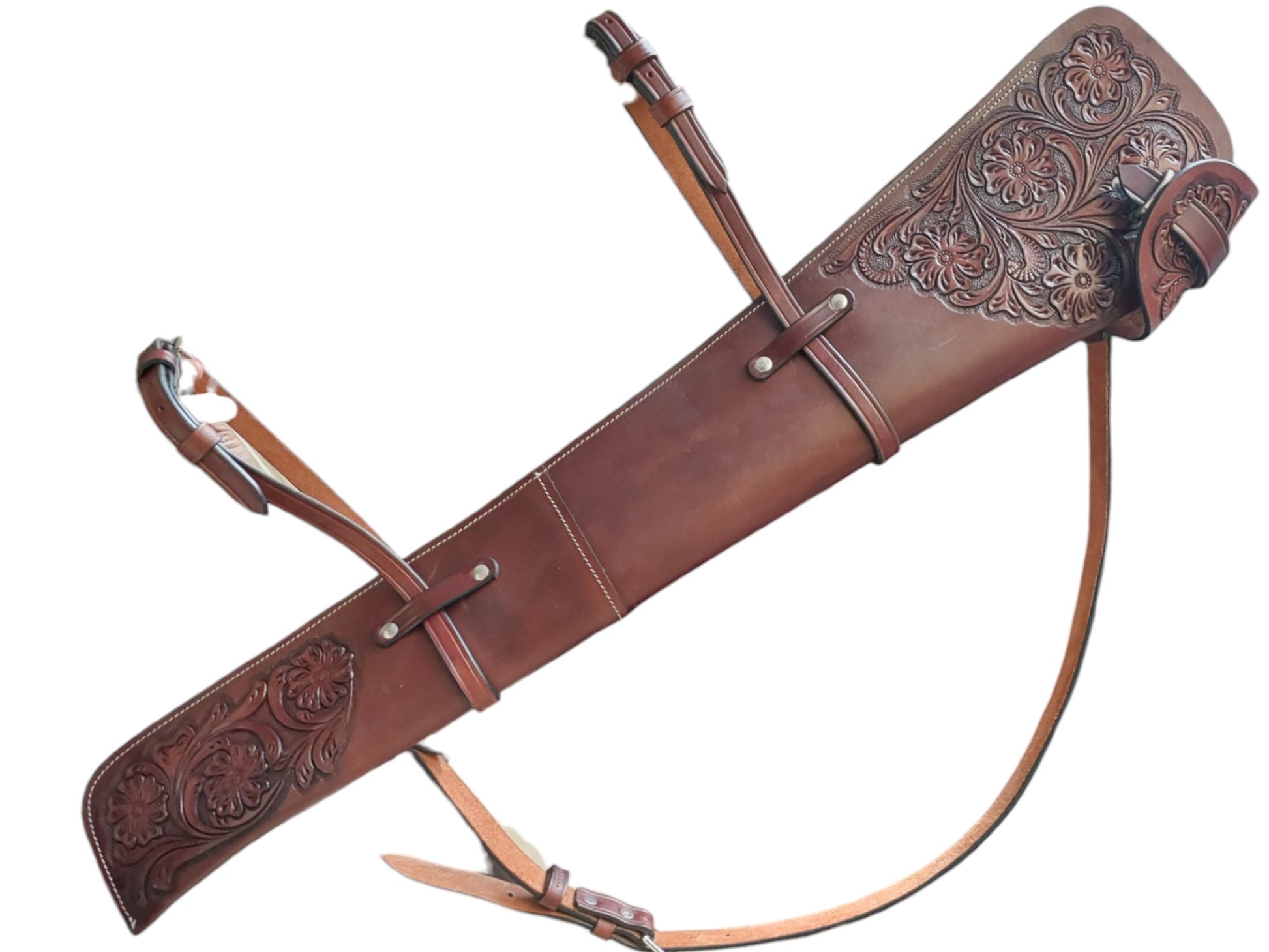 Hand-tooled leather rifle scabbard 33 inch long

Western leather gun cover with adjustable straps

Full grain leather rifle case for lever action rifles

Cowboy-style rifle scabbard for Marlin and Henry

Floral carved rifle cover with buckle flap

Handmade brown leather gun case for saddle mount