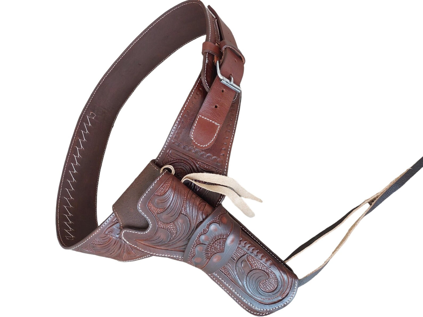 Handmade Western Gun Holster Belt – Tooled Genuine Leather – Fits .22, .38/357, .44/.45 Cal Revolvers – Cowboy Old West Style