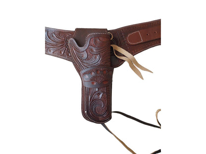 Handmade Western Gun Holster Belt – Tooled Genuine Leather – Fits .22, .38/357, .44/.45 Cal Revolvers – Cowboy Old West Style