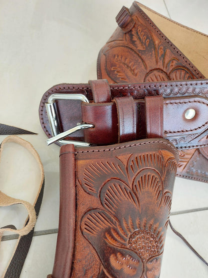 Old West Style Leather Gun Holster Belt – Handmade & Tooled – Fits .22, .38/357, .44/45 Cal Revolver – Western Cowboy Gift for Him