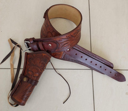 Old West Cowboy Revolver Holster Belt – Genuine Tooled Leather – Handmade – Fits .44/45, .38/357, .44/45 Cal – Western Pistol Rig – Christmas Gift for Him