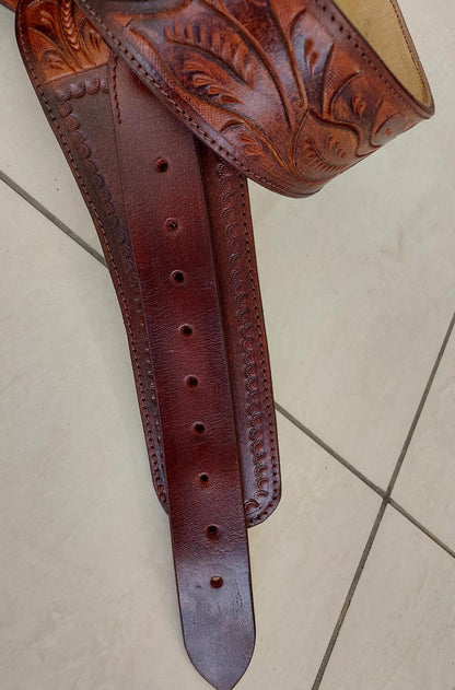 Old West Handmade Leather Gun Holster & Belt – Tooled Cowboy Style – Fits 4" to 6.5" Revolver Barrel – Genuine Western Rig